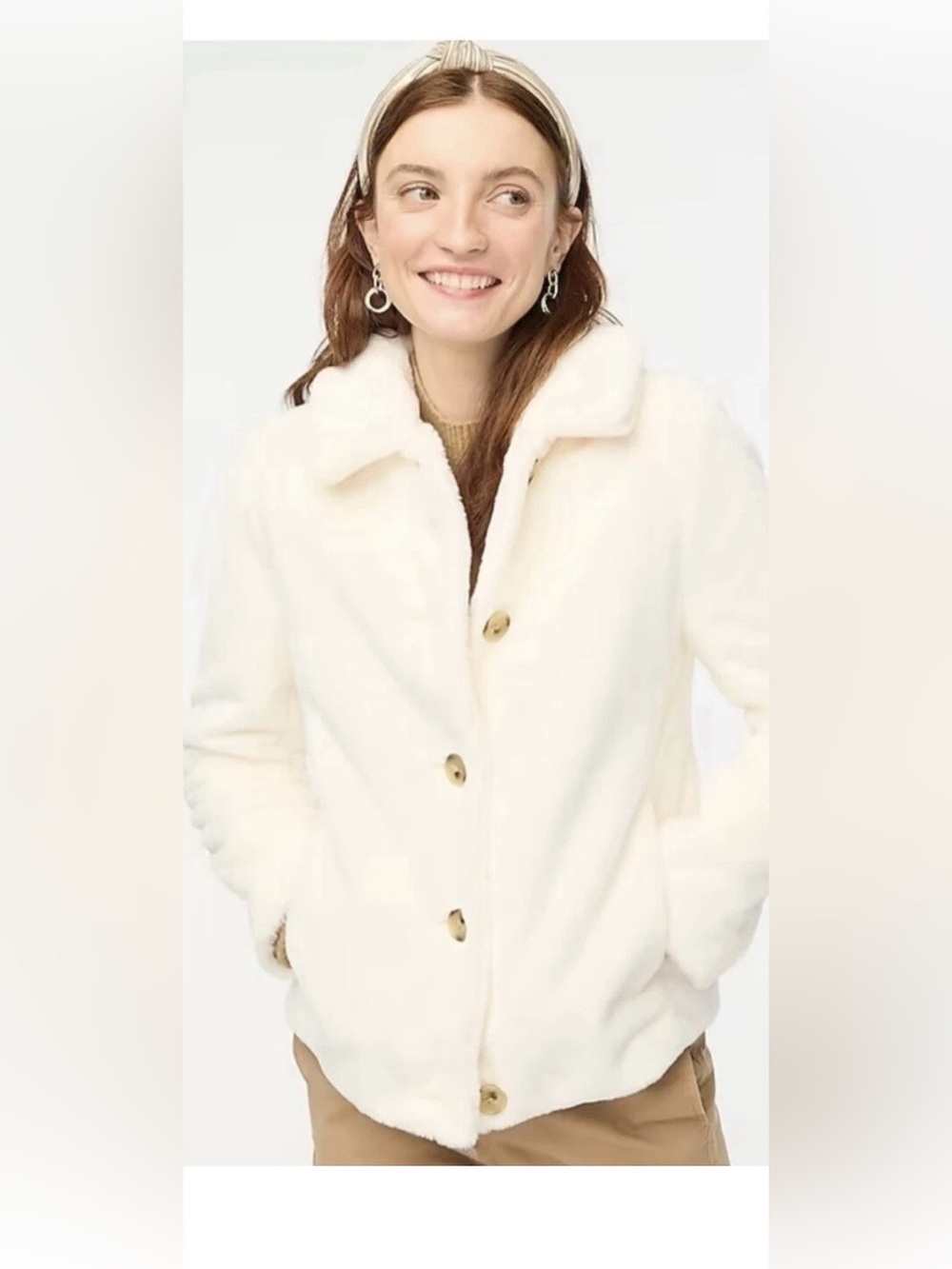 J. Crew Cream Plush Button-Front Faux fur Jacket